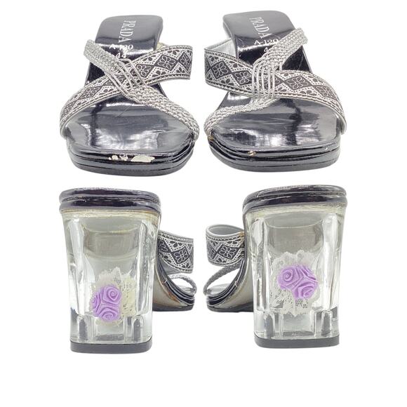 Prada VTG Women’s Sandals Lucite Clear Heel with Flower and Lace in Black - Picture 4 of 5